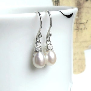 Dainty White Pearl Teardrop Earrings, Argentium Silver Wire Wrapped, Freshwater Pearl Droplet, Swirl Hook Dangles, Birthday, Wedding Gifts image 1