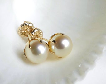 Champagne 6.5mm Japanese Akoya Pearl, 14k Yellow Gold Studs, Classic Six Prong Set Studs, Saltwater Pearl, Everyday Pearl, Birthday Gifts