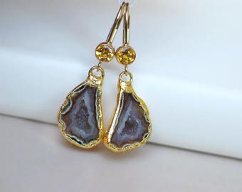 Druzy Crystal Earrings, Pink Maroon Geode Half in 22k Gold Plated, Golden Citrine Bezel 14k Gold Filled Leverback Dangles, Ready to Ship