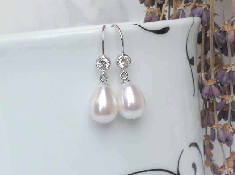 White Freshwater Pearls CZ Sterling Silver Dangles June Birthstone Teardrop Pearl Earrings Bridal Pearl Jewelry Gift Ready to Ship