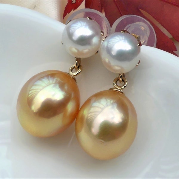 14k Gold Double Pearl Drop Earrings, South Sea Golden Pearl & 7mm White Freshwater, Classic Prong Set Studs, Vintage Style Pearl Dangles