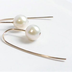 Modern Minimal Pearl Hook Earrings, 7.5 - 8mm White Freshwater Pearls in 14k Gold Filled Hoop Long Back Ear Wires, June Birthstone Gifts