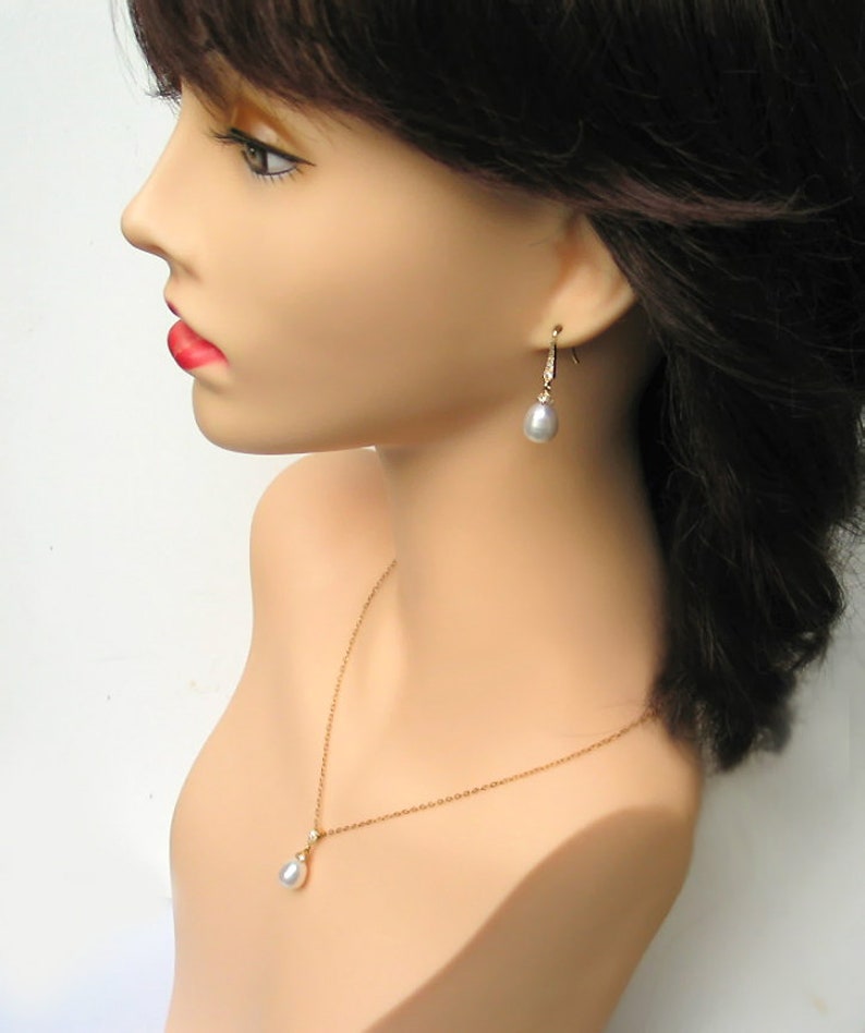 Bridal Jewelry Gift Reday to Ship Teardrop Pearl Earrings Pendant Necklace Set CZ Pav\u00e9 14k Gold Plated White Freshwater Drop Pearls