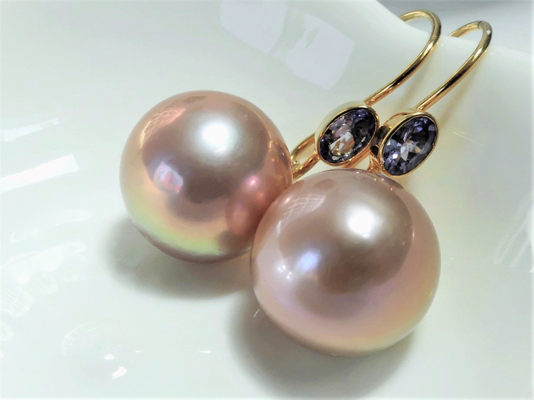 Large Pearl Earrings, 13mm Mauve Rose Champagne Edison Freshwater Pearls W  Oval Violet Blue Tanzanite Bezel 18k Yellow Gold Vermeil Dangles - Etsy