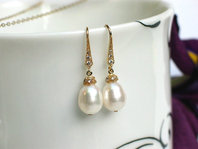 Bridal Jewelry Gift Reday to Ship Teardrop Pearl Earrings Pendant Necklace Set CZ Pav\u00e9 14k Gold Plated White Freshwater Drop Pearls