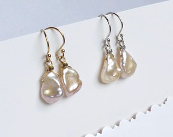 Light Pink Champagne Keshi Freshwater Pearl Earrings, 14k Gold Filled - Sterling Silver, Leverback, Organic Drop Shape, Bridal Wedding Gifts