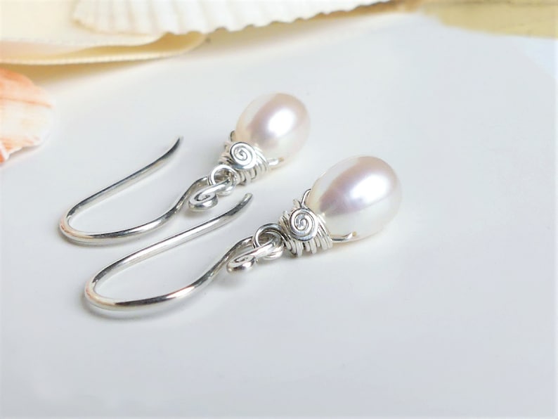 Dainty White Pearl Teardrop Earrings, Argentium Silver Wire Wrapped, Freshwater Pearl Droplet, Swirl Hook Dangles, Birthday, Wedding Gifts image 2