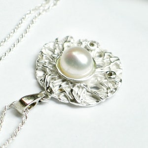 Medallion Pendant Necklace, White Freshwater Button Pearl, CZ Bezel, Diamond Cut Rope Sterling Silver Chain, Birthday Gift, Ready to Ship