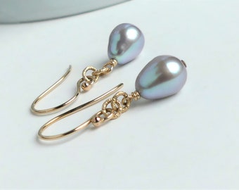 Small Gray Teardrop Pearl Earrings, Freshwater Pearls, 14k Gold Filled French Ear Wires, Simple Droplet Pearl Dangles, June Birthstone