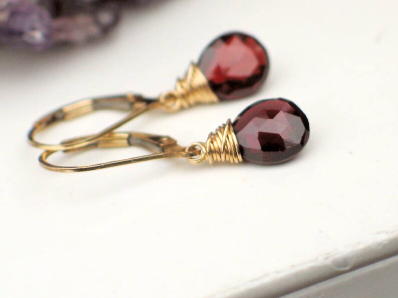 14k Gold Filled January Birthstone Rose Gold Filled Dangle Leverback Birthday Gift Red Garnet Pear Drops Garnet Teardrop Earrings