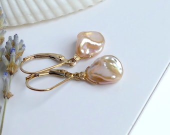 Peach Champagne Keshi Freshwater Pearl Earrings, 14k Gold Filled Leverback, Bridal Bridesmaid Gift, June Birthstone, Everyday Pearl Dangles