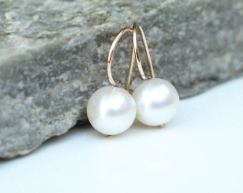 White 6.5mm - 8mm Freshwater Pearl Earrings, 14k Gold Filled Kidney Secure Style Hook Ear Wire, Modern Simple Everyday Pearl Hoops