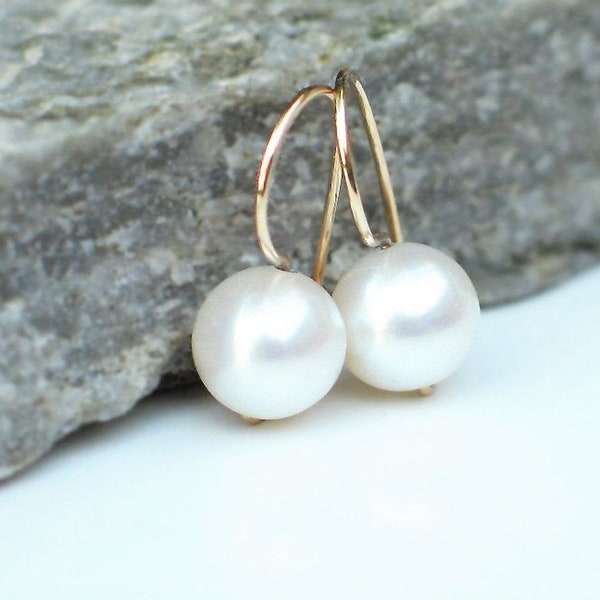 White 6.5mm - 8mm Freshwater Pearl Earrings, 14k Gold Filled Kidney Secure Style Hook Ear Wire, Modern Simple Everyday Pearl Hoops