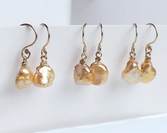 Golden Keshi Pearl Earrings, 14k Gold Filled Swirl Dangles, Baroque Nugget - Petal Drop Shape, June Birthstone, Bridal Bridesmaid Gifts