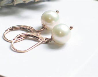 8mm White Freshwater Pearl Earrings in 14k Rose Gold Filled, Lever back, Classic Simple Everyday Pearl Dangles, Wedding, Birthday Gifts