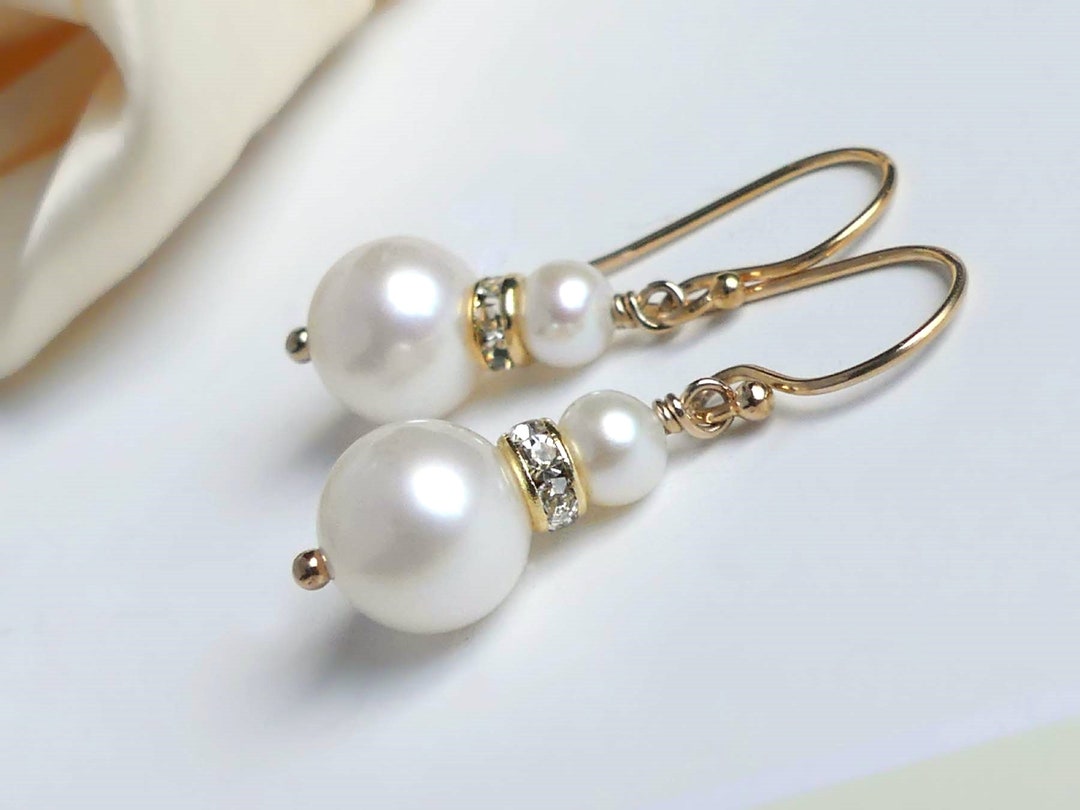 Double Pearl Earrings, 8mm White Freshwater Pearl - Seed