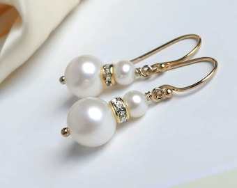 Double Pearl Earrings, 8mm White Freshwater Pearl - Seed Pearl, CZ Rondelle, 14k Gold Filled Dangles, Lever back, Bridal Pearl Jewelry Gift