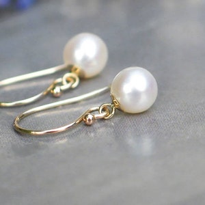 Dainty 6mm White Freshwater Pearl 14k Gold Earrings, French Ear Wire, Leverback, Simple Everyday Pearl Dangles, June Birthstone Gifts