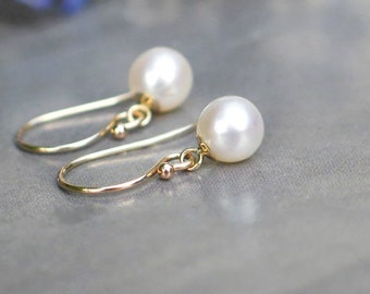 Small 6.25mm White Freshwater Pearl 14k Gold Earrings, French Ear Wire or Leverback, Simple Everyday Pearl Dangles, June Birthstone Gifts