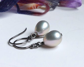 Small Metallic Steel Gray Freshwater Teardrop Pearl Earrings, Black Ruthenium Sterling Silver Dangles, Simple Drop Pearl Everyday Earrings