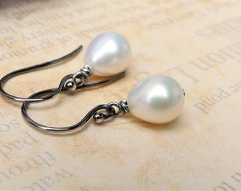 Petite Ivory White Freshwater Teardrop Pearl Earrings, Black Ruthenium Sterling Silver Dangles, Simple Pearl Droplet, June Birthstone Gifts