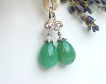 Aventurine Teardrop Earrings, Jade Green Smooth Drop in CZ Pavé Bezel Sterling Silver Lever Back Dangle, Birthday, Wedding, Anniversary Gift