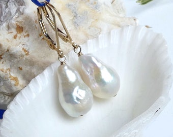 White Elongated Baroque Pear Drop Pearl Earrings, 14k Gold Filled Secure Leverback Dangles, Kasumi Style Freshwater, Organic Shape Pearl