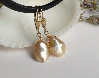 Golden Keshi Petal Freshwater Pearl Earrings, 14k Gold Filled Shell Leverback Dangles, Birthday, Wedding BrIdal Gifts, Simple Organic Drops