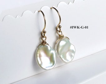 Ivory White Keshi Petal Pearl Earrings, 14k Gold Filled Dangles, Freshwater Pearl, Leverback Earrings, June Birthstone, Bridal Wedding Gift