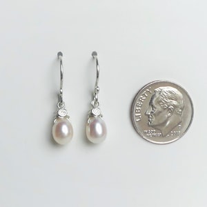 Dainty White Pearl Teardrop Earrings, Argentium Silver Wire Wrapped, Freshwater Pearl Droplet, Swirl Hook Dangles, Birthday, Wedding Gifts image 5