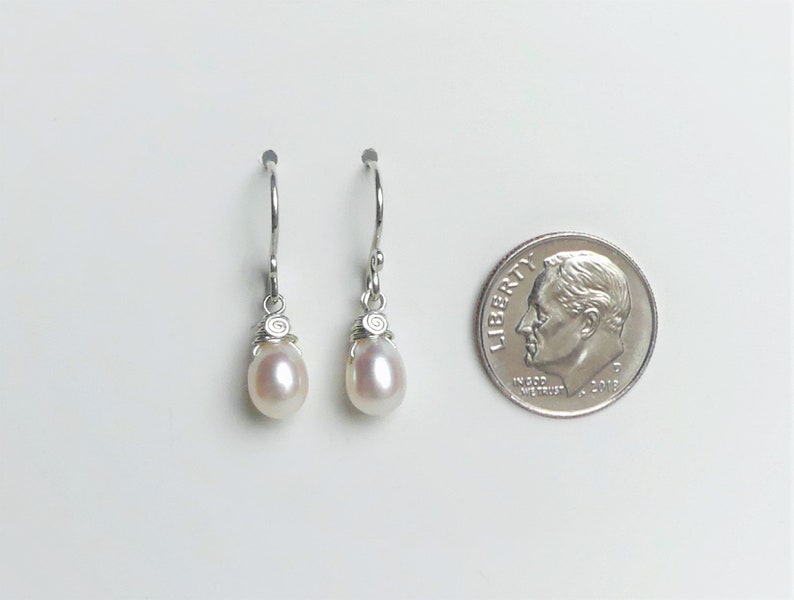 Dainty White Pearl Teardrop Earrings, Argentium Silver Wire Wrapped, Freshwater Pearl Droplet, Swirl Hook Dangles, Birthday, Wedding Gifts image 5