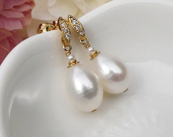 White Teardrop Freshwater Pearl Earrings, Petite Marquise CZ Pave Gold Studs, Pearly Everlasting, June Birthstone, Bridal Wedding Jewelry