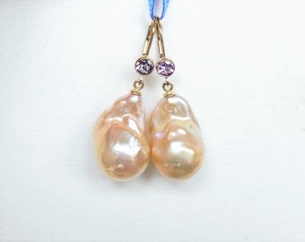 Amethyst Gemstone Baroque White pearl earrings 18KGB Classic Wedding Dangle