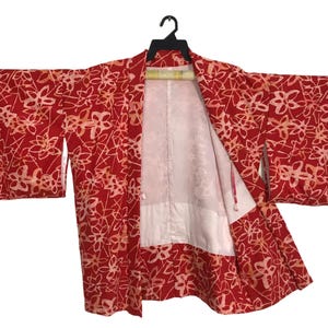 Vintage Kimono Japanese Traditional Noragi Haori Hanten Jinbei Cardigan Happi Jacket Pattern Floral B014 Red