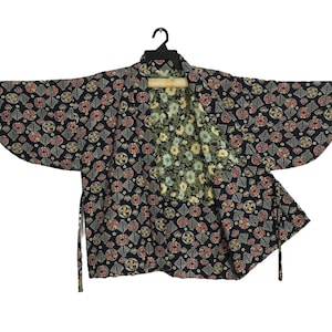 Vintage Kimono Japanese Traditional Noragi Haori Hanten Happi Jacket Multi Pattern Leaves X Roses X Kilm Design B183 Size M/L
