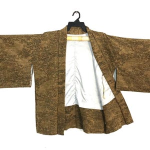 Vintage Kimono Japanese Traditional Noragi Haori Hanten Happi Jacket Leaves Overprint Pattern Motifs Design B572 Size M-L