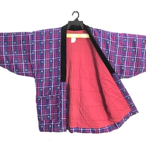 Hanten Padded Haori Kimono Japanese Traditional Cardigan Happi Jacket Noragi Jinbei Pattern Plaid Motifs Design B456 Size M