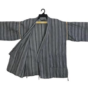 Vintage Kimono Japanese Traditional Noragi Haori Hanten Jinbei Cardigan Happi Jacket Cotton Striped Pattern Design B187 Size LL