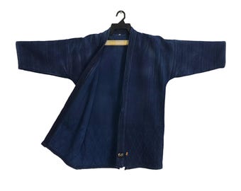 Vintage Kimono Japonés Tradicional Noragi Haori Hanten Happi Chaqueta índigo Denim Sashiko Japonés Boro Diseño B190 Tamaño M