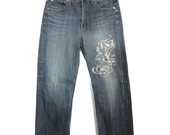 Vintage Japanese Brand Fish Koi Zipper Denim Jeans Design B509 Size 31 Men’s