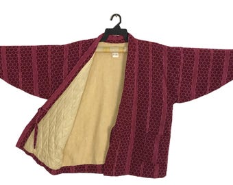 Hanten Padded Kimono Japanese Traditional Cardigan Happi Jacket Haori Noragi Jinbei Striped Pattern Motifs Design B036