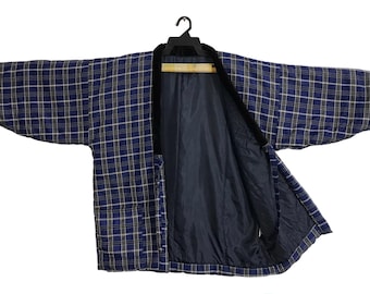 Hanten Padded Kimono Japanese Traditional Cardigan Happi Jacket Haori Noragi Design Plaid Pattern B127