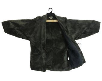 Kimono Haori acolchado Hanten, cárdigan tradicional japonés, chaqueta Happi, diseño Noragi Jinbei, lana, color verde, B222, talla M-L