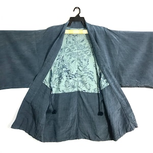 Vintage Kimono Japanese Traditional Noragi Haori Hanten Happi Jacket Pattern Leaves Motifs Design B487 Size (L)