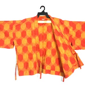 Vintage Kimono Japanese Traditional Noragi Haori Hanten Happi Jacket Honeycomb Pattern Design B547 Size XL (Cotton)