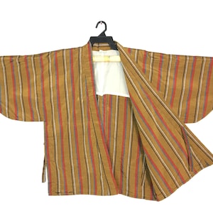 Vintage Kimono Japanese Traditional Noragi Haori Hanten Happi Jacket Pattern Striped Motis B449 Size L