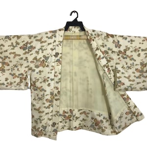 Vintage Kimono Japanese Traditional Noragi Haori Hanten Jinbei Cardigan Happi Jacket Floral Design B054 White