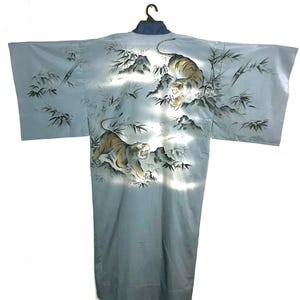 Vintage Kimono Long Silk Japanese Traditional Noragi Haori Hanten Happi Jacket Pattern Tiger’s Silk Design B534 Size L