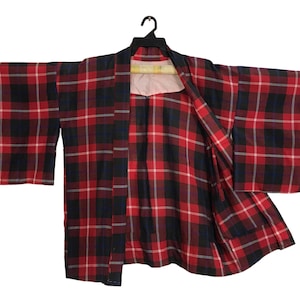Vintage Noragi Kimono Hanten Jinbei Japanese Haori Cardigan Happi Jacket Pattern Plaid Cotton design B049