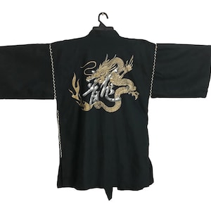 Vintage Kimono Japanese Traditional Noragi Haori Hanten Jinbei Cardigan Happi Jacket Printed Big Dragon Black Colour Design B188 Size M/L